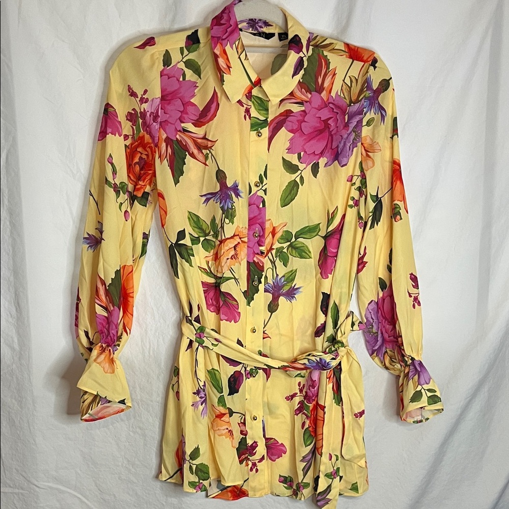 IMAN Yellow Floral Button-Down Tunic with Self-Tie XS NWOT